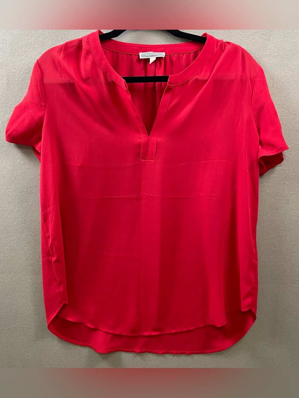 Pleione women’s V Neck Red small blouse top casual office sheer short sleeve